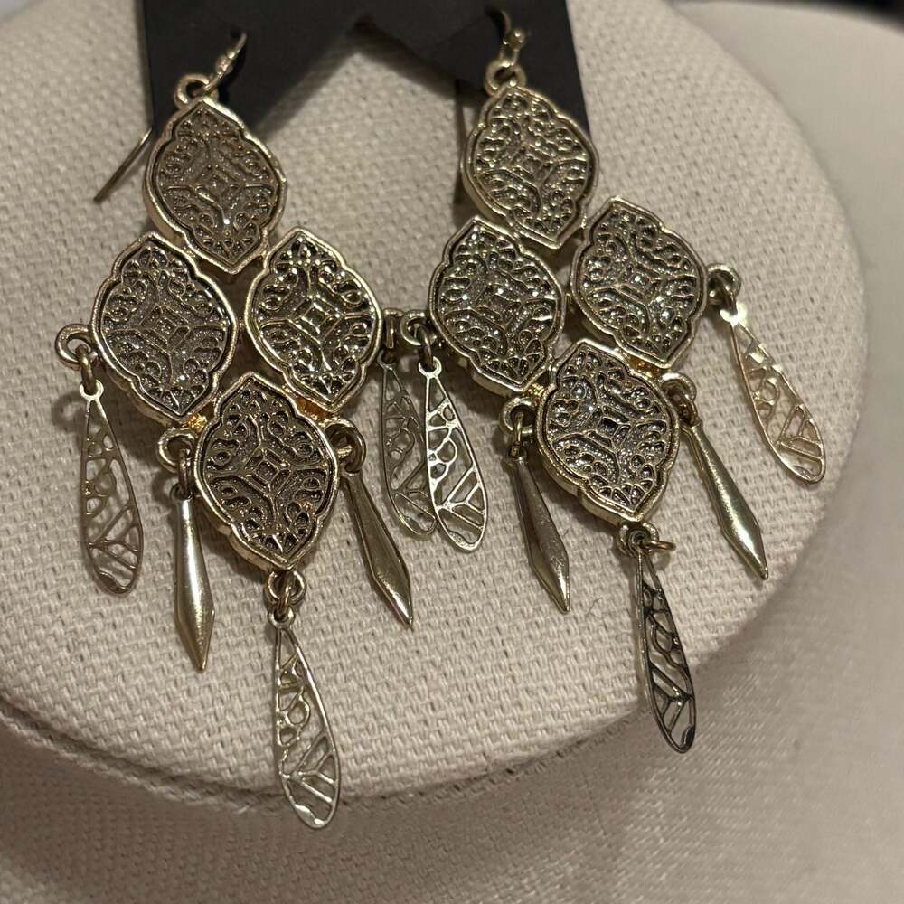 Vintage Style Filigree Gold Tone Chandelier Dangle Earrings